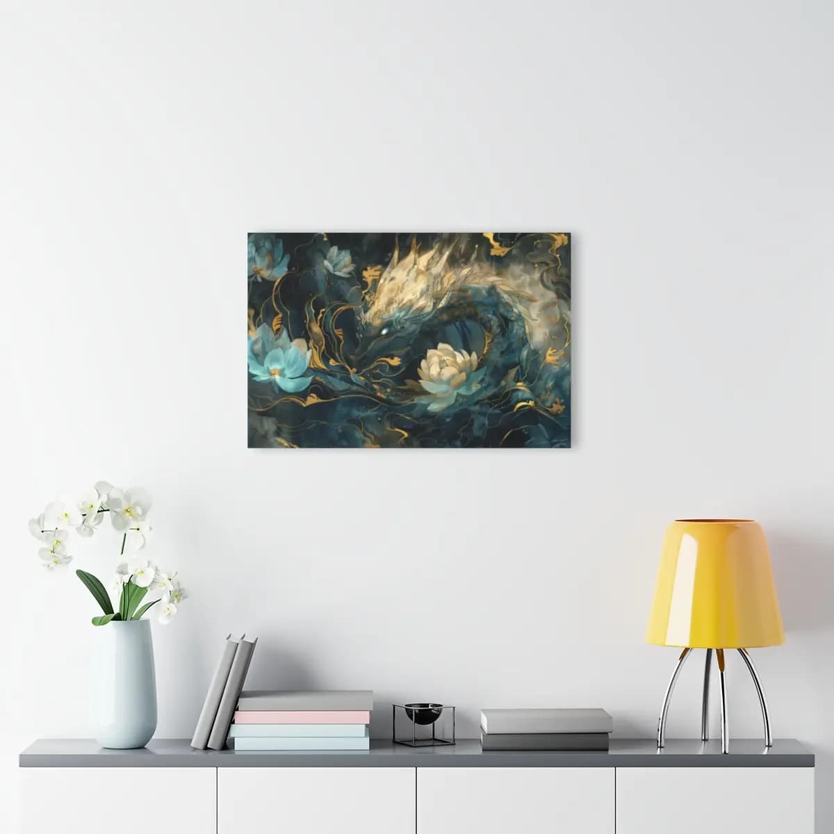 Celestial Dragon Among Golden Lotus Blossoms - Acrylic Prints (French Cleat Hanging) mockup angle 4