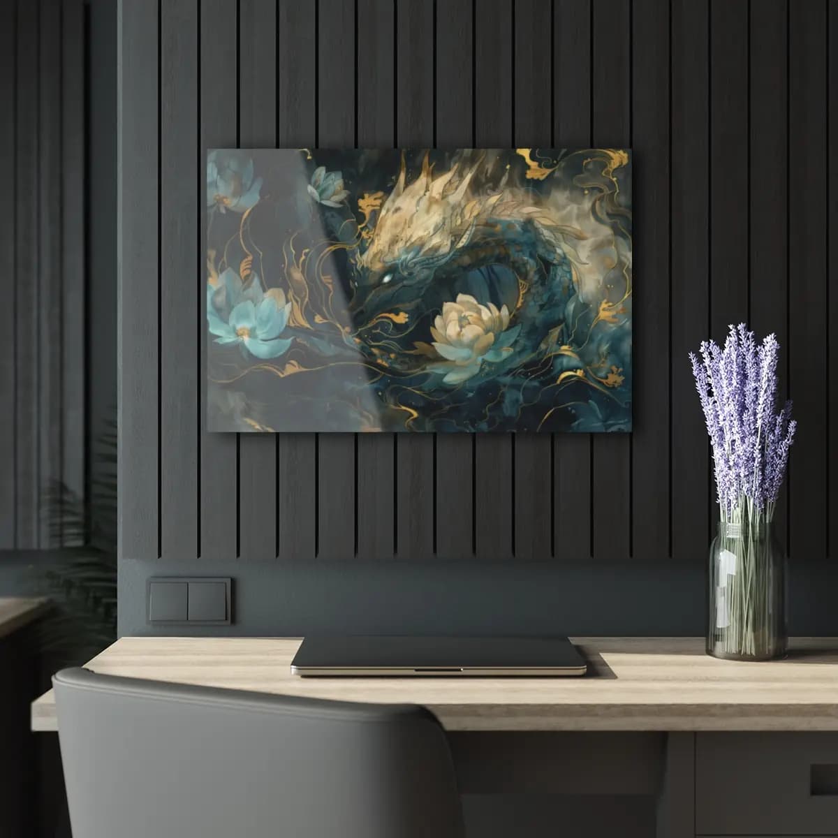 Celestial Dragon Among Golden Lotus Blossoms - Acrylic Prints (French Cleat Hanging) mockup angle 5