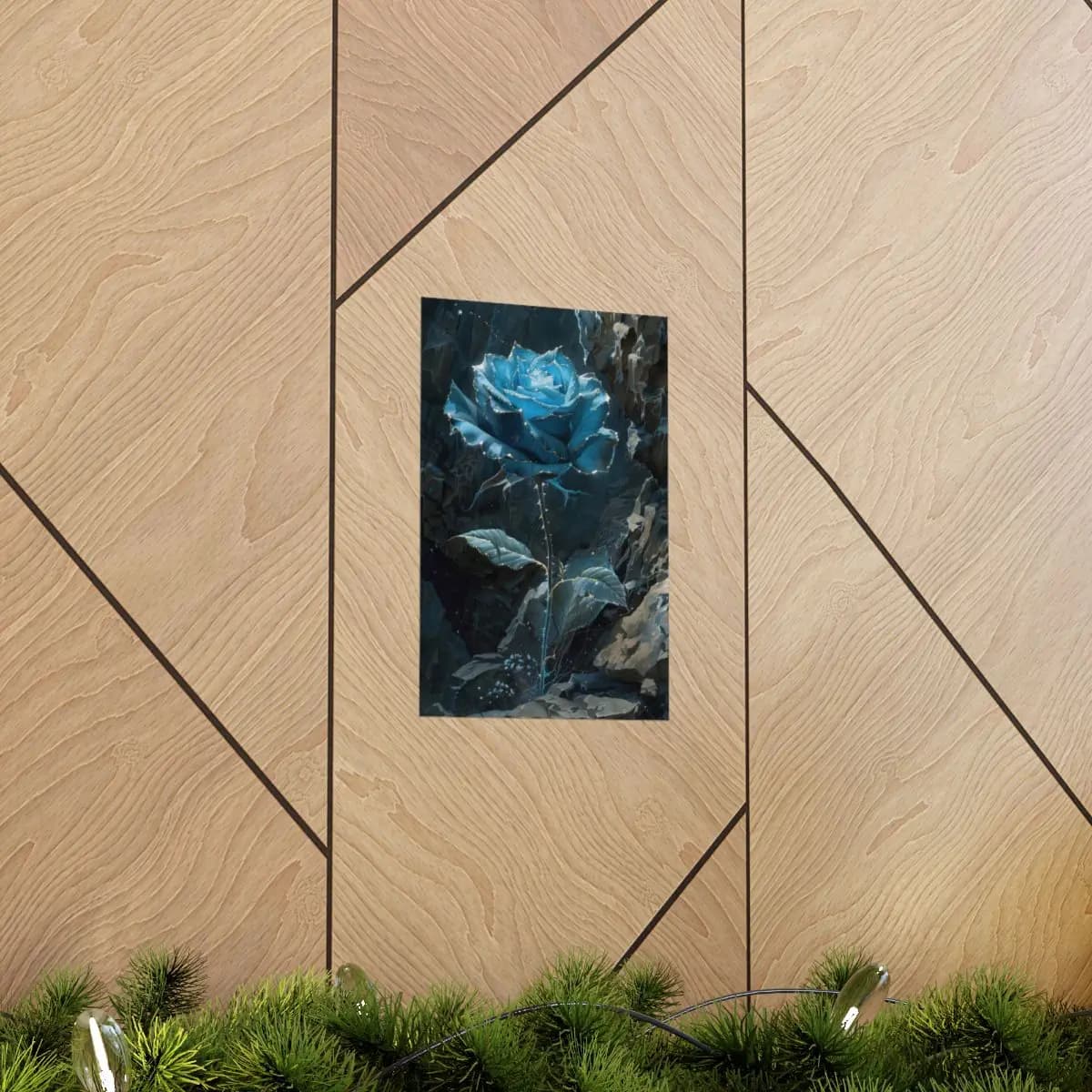 Celestial Blue Rose Among Dark Stone Walls - Matte Vertical Posters mockup angle 5
