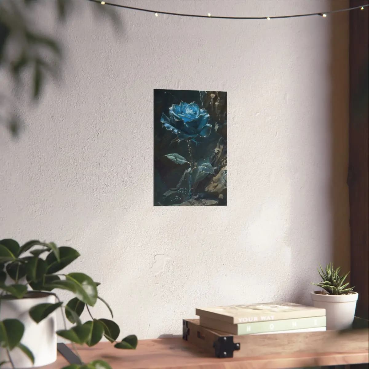 Celestial Blue Rose Among Dark Stone Walls - Matte Vertical Posters mockup angle 6