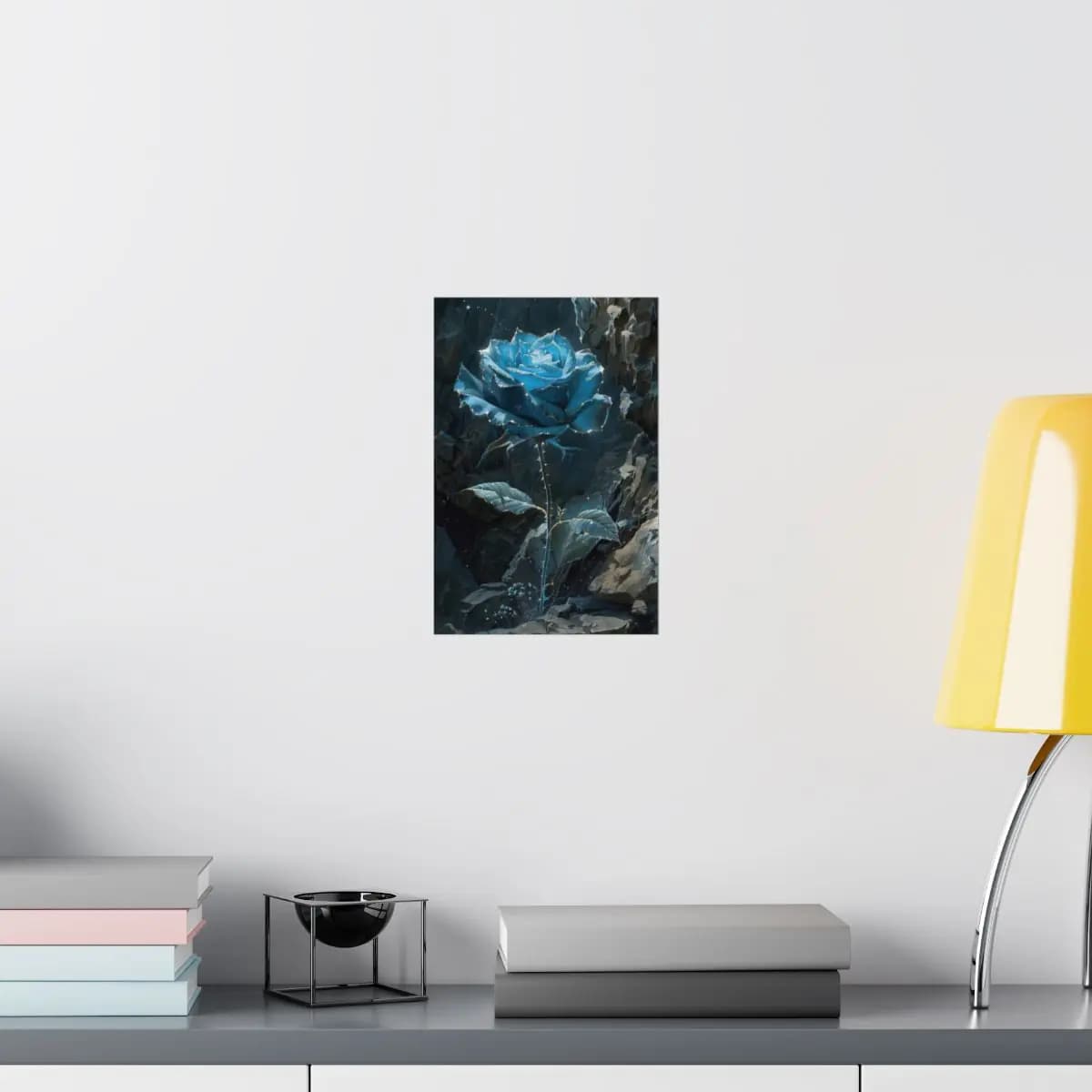 Celestial Blue Rose Among Dark Stone Walls - Matte Vertical Posters mockup angle 8