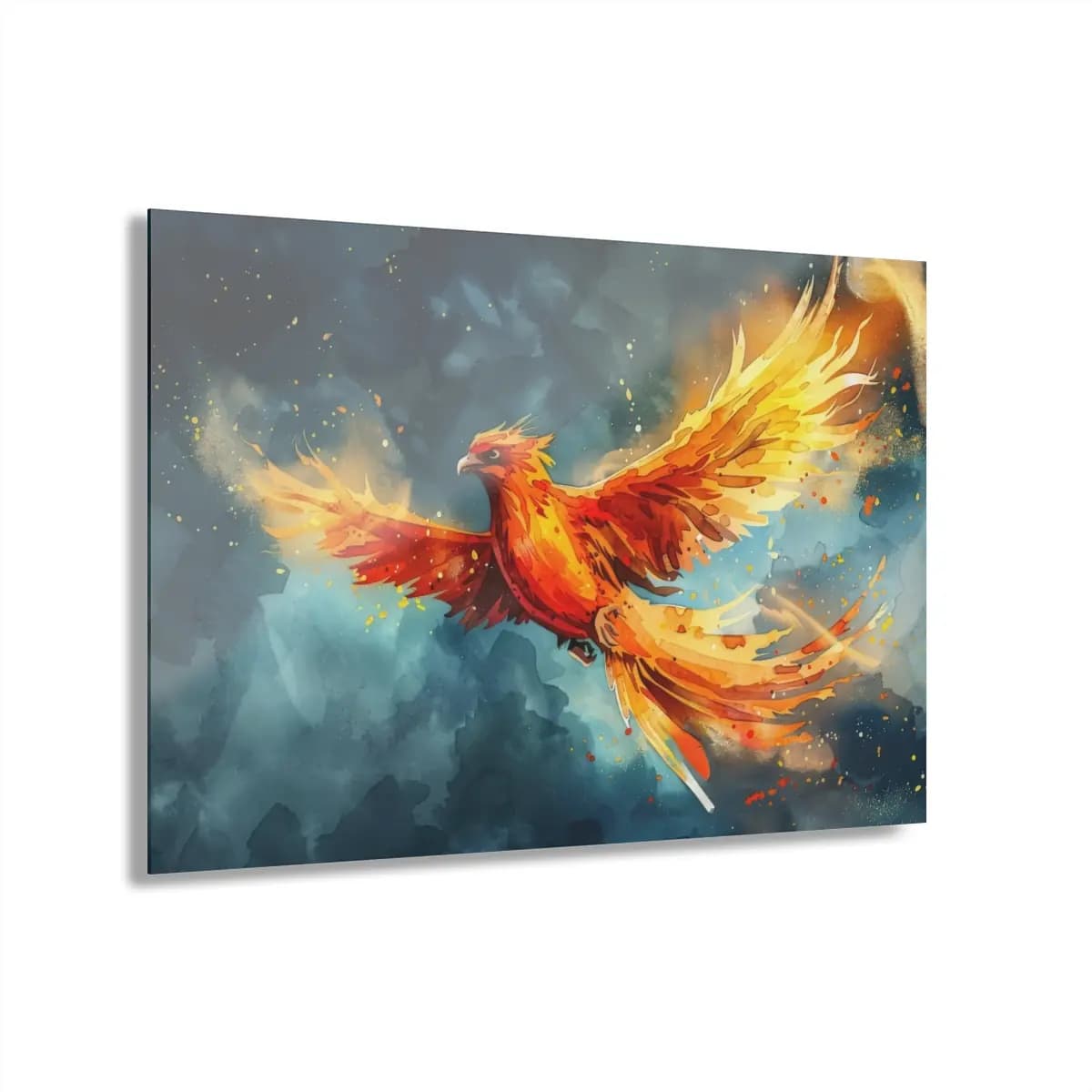 Phoenix Soaring Through a Stormy Sky - Acrylic Prints (French Cleat Hanging) mockup angle 1