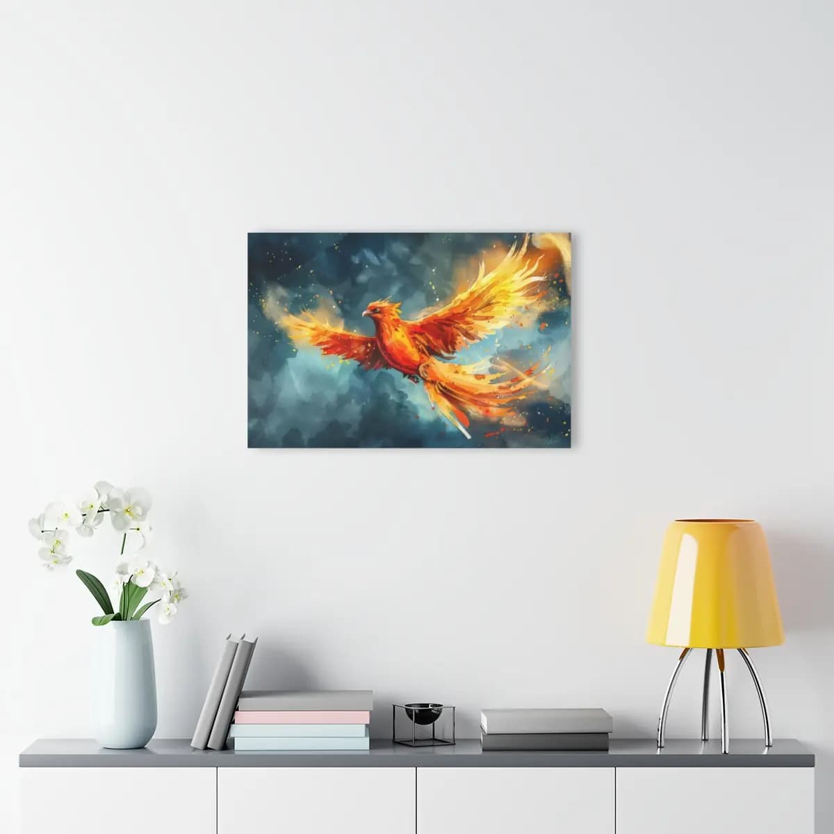 Phoenix Soaring Through a Stormy Sky - Acrylic Prints (French Cleat Hanging) mockup angle 4