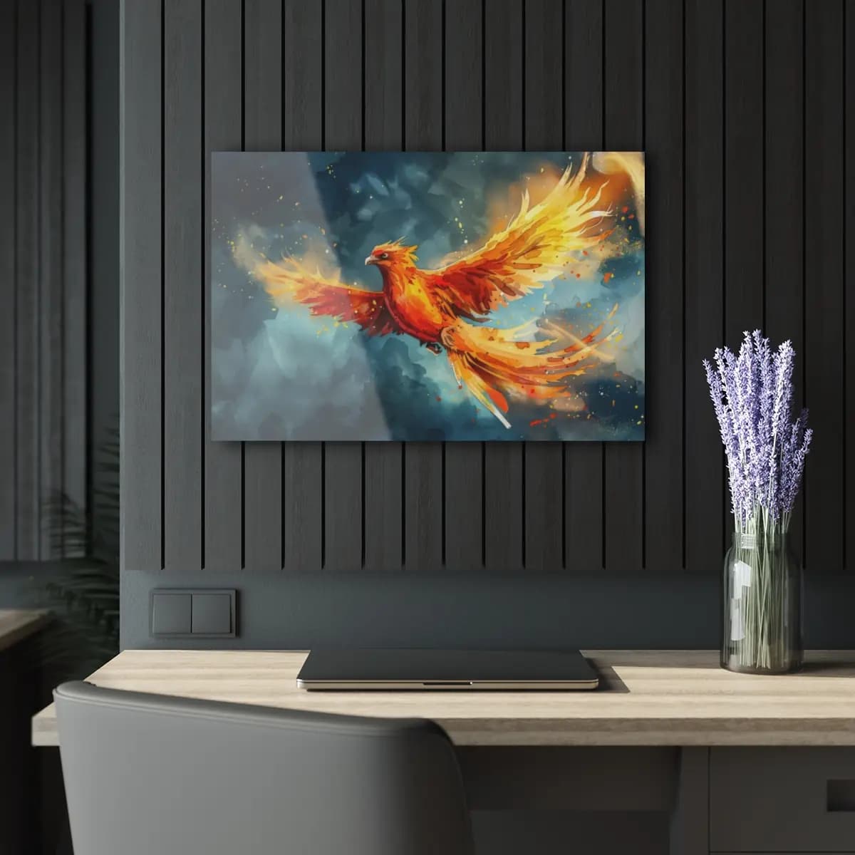 Phoenix Soaring Through a Stormy Sky - Acrylic Prints (French Cleat Hanging) mockup angle 5