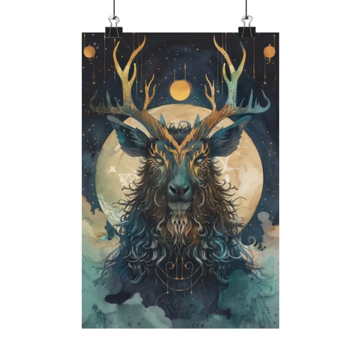The Cosmic Stag Beneath the Golden Moon - Matte Vertical Posters mockup angle 1