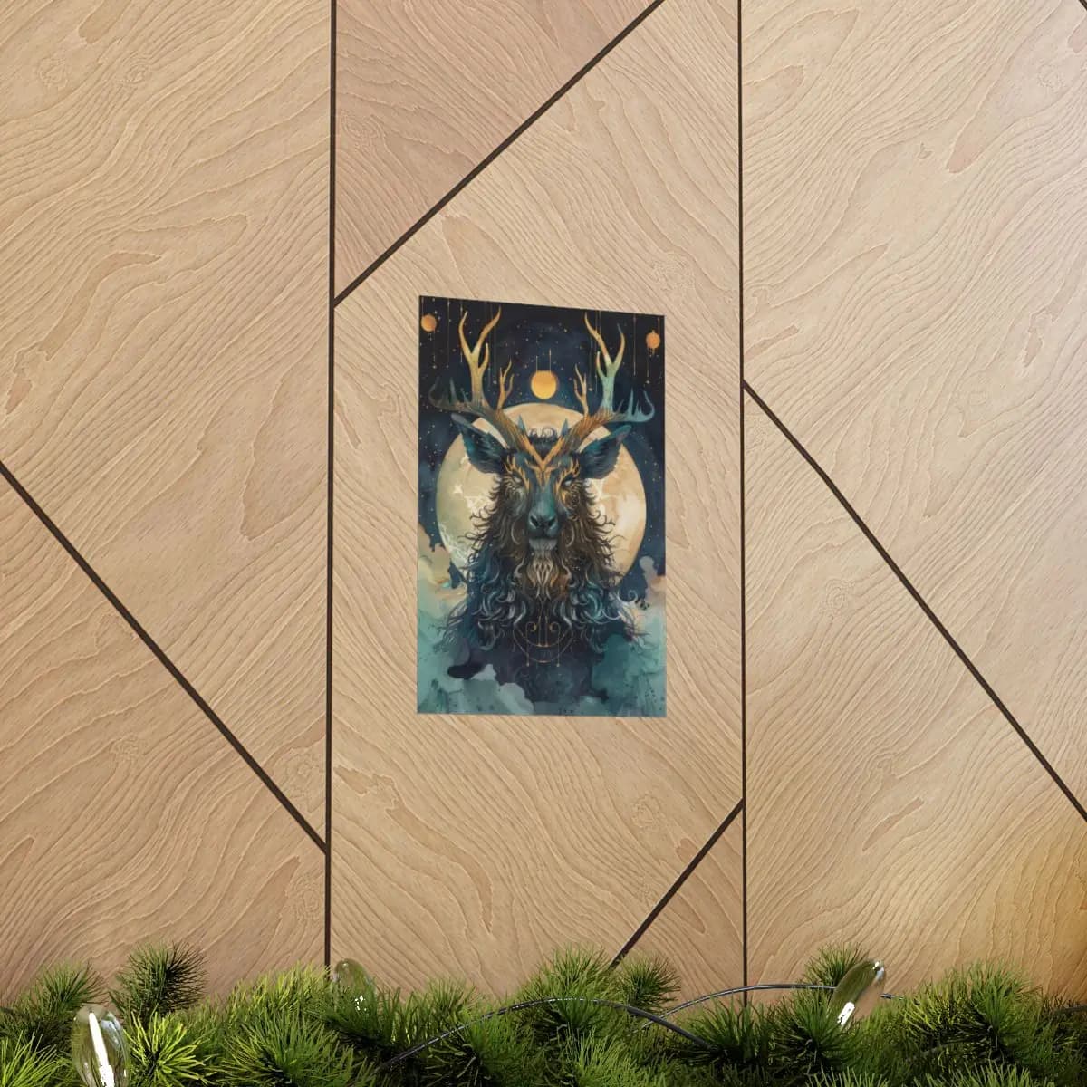 The Cosmic Stag Beneath the Golden Moon - Matte Vertical Posters mockup angle 5