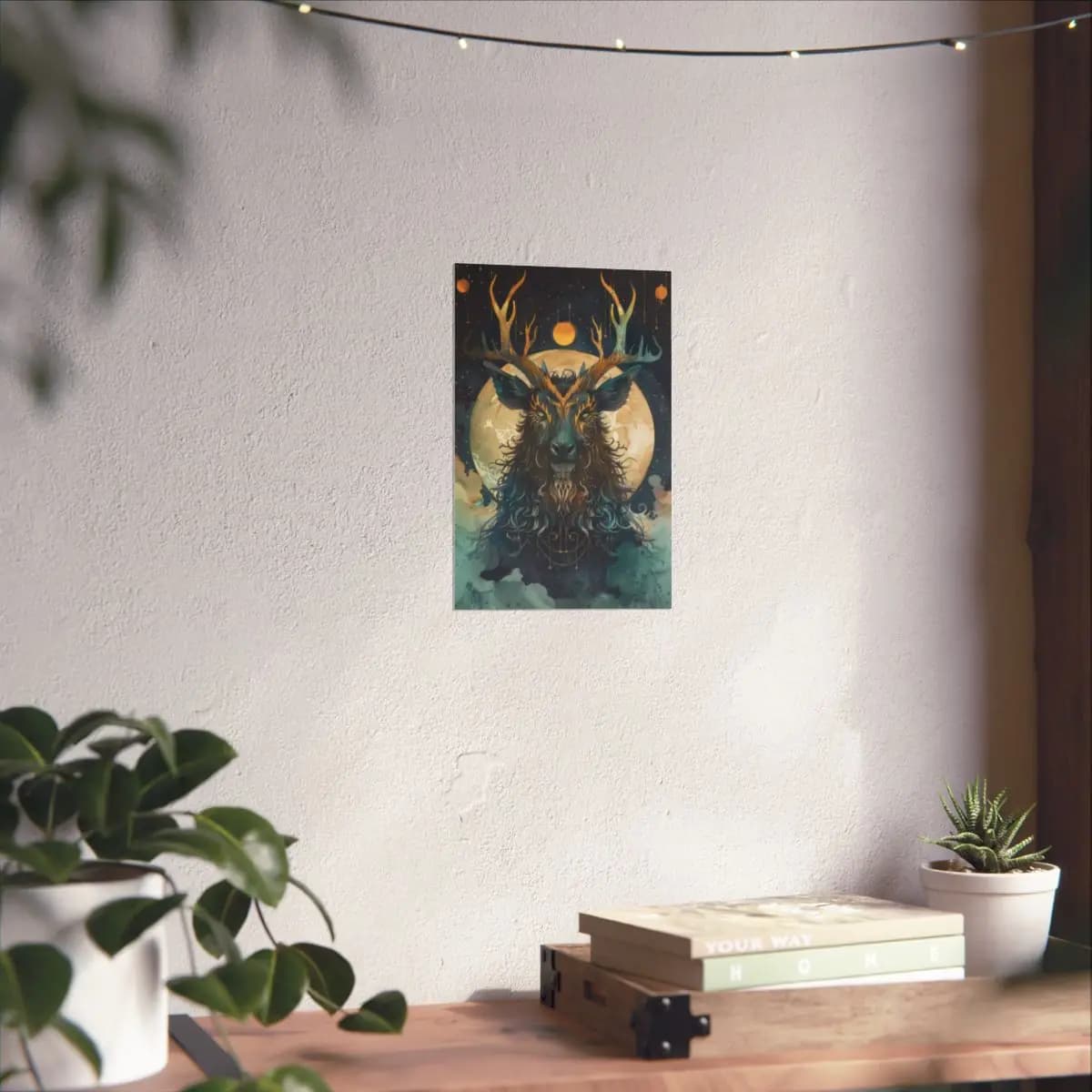 The Cosmic Stag Beneath the Golden Moon - Matte Vertical Posters mockup angle 6