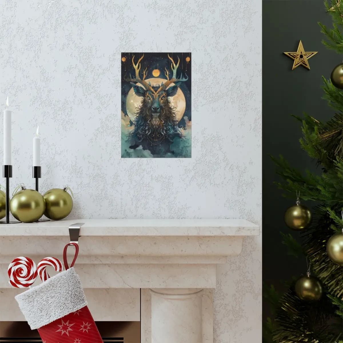 The Cosmic Stag Beneath the Golden Moon - Matte Vertical Posters mockup angle 7