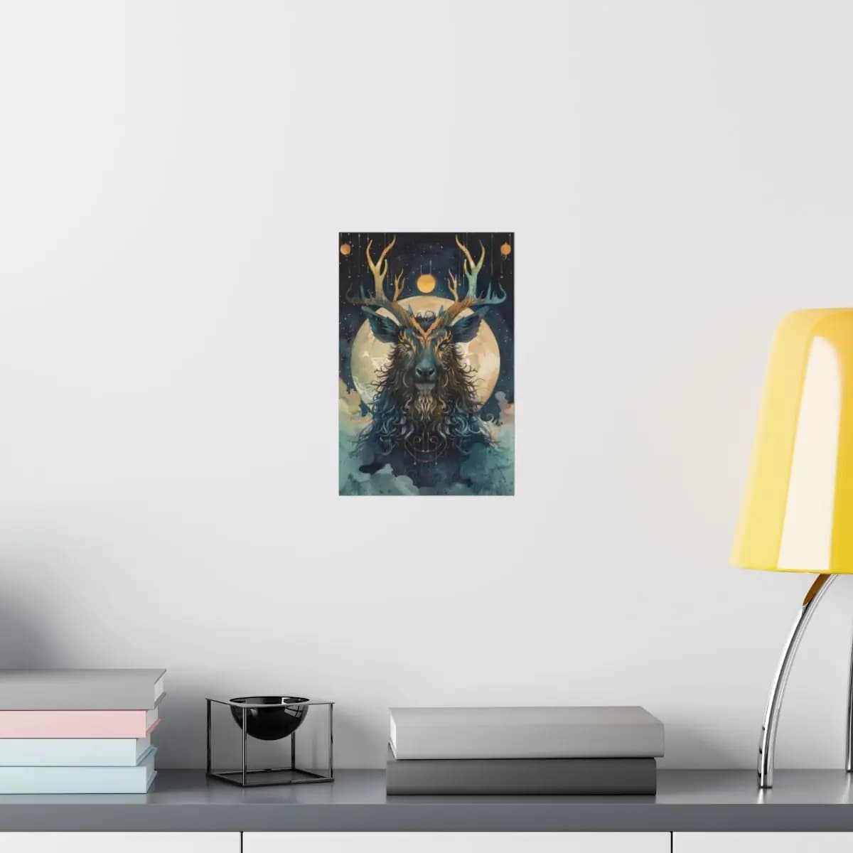 The Cosmic Stag Beneath the Golden Moon - Matte Vertical Posters mockup angle 8