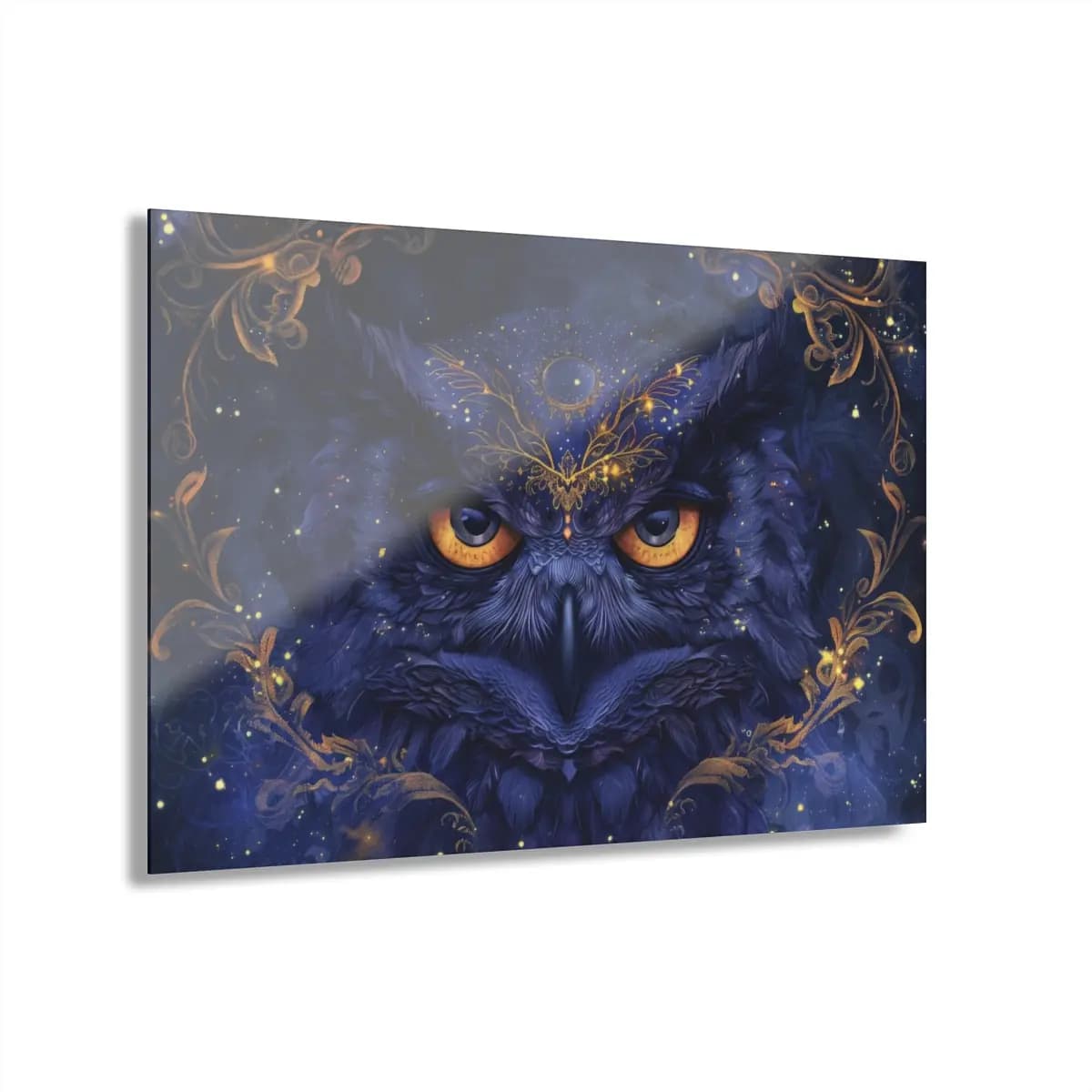 Mystical Amber-Eyed Owl Adorned in Gold - Acrylic Prints (French Cleat Hanging) mockup angle 1