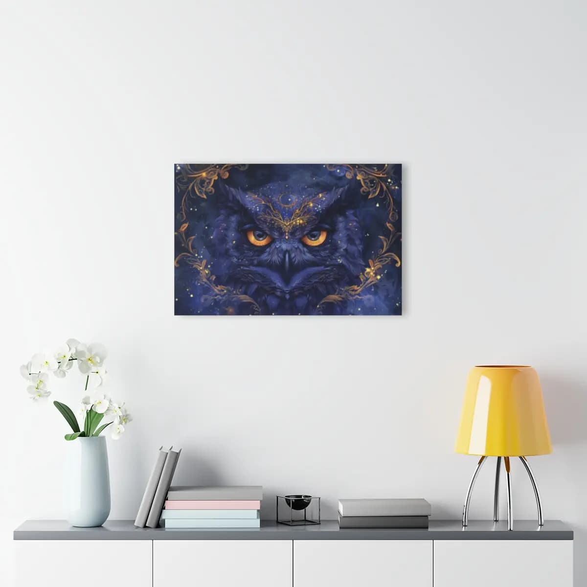 Mystical Amber-Eyed Owl Adorned in Gold - Acrylic Prints (French Cleat Hanging) mockup angle 4
