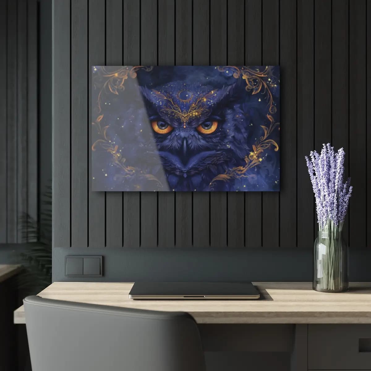 Mystical Amber-Eyed Owl Adorned in Gold - Acrylic Prints (French Cleat Hanging) mockup angle 5