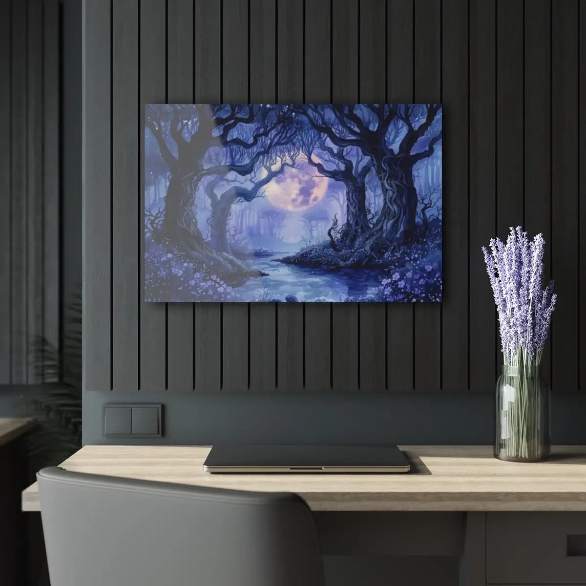 Enchanted Forest Beneath the Full Moon - Acrylic Prints (French Cleat Hanging) mockup angle 5