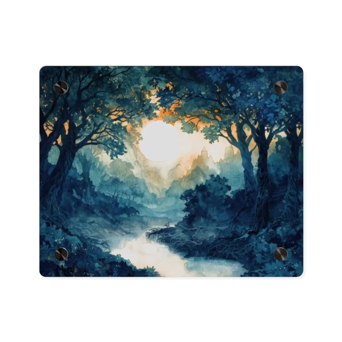 Full Moon Rising Over an Enchanted Misty Forest - Acrylic Wall Art Panels mockup angle 1