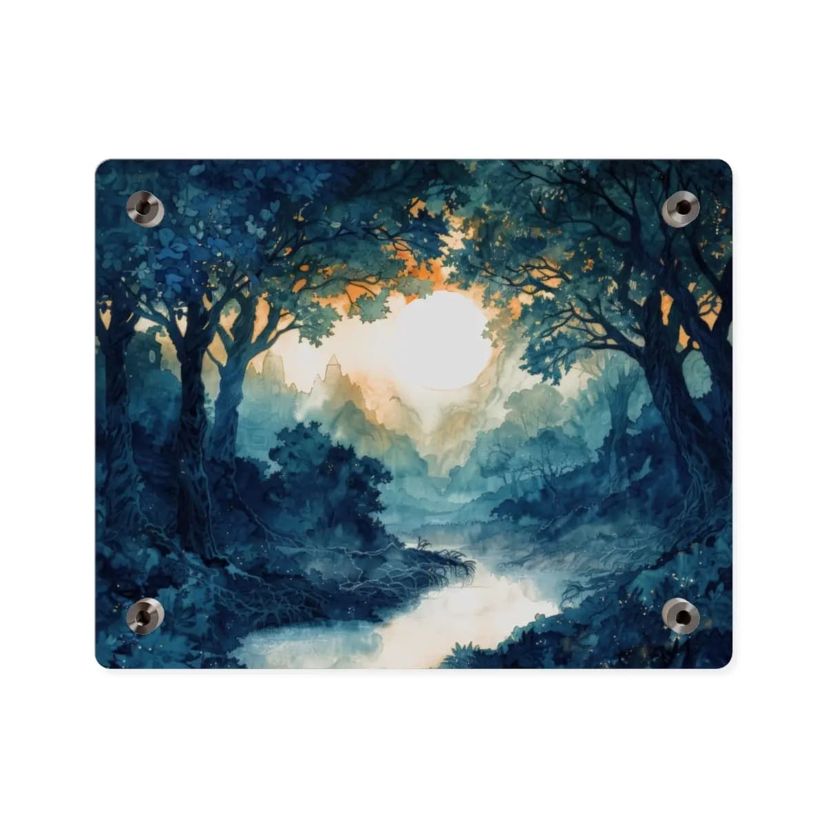 Full Moon Rising Over an Enchanted Misty Forest - Acrylic Wall Art Panels mockup angle 2
