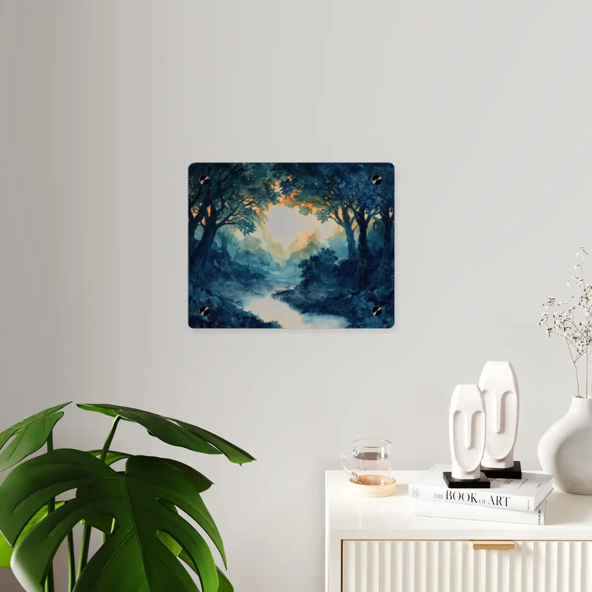 Full Moon Rising Over an Enchanted Misty Forest - Acrylic Wall Art Panels mockup angle 3