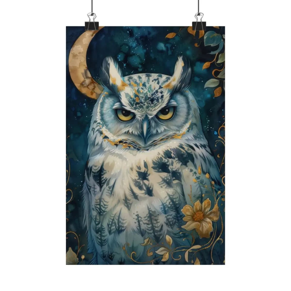Mystic Owl Beneath the Golden Crescent Moon - Matte Vertical Posters mockup angle 1