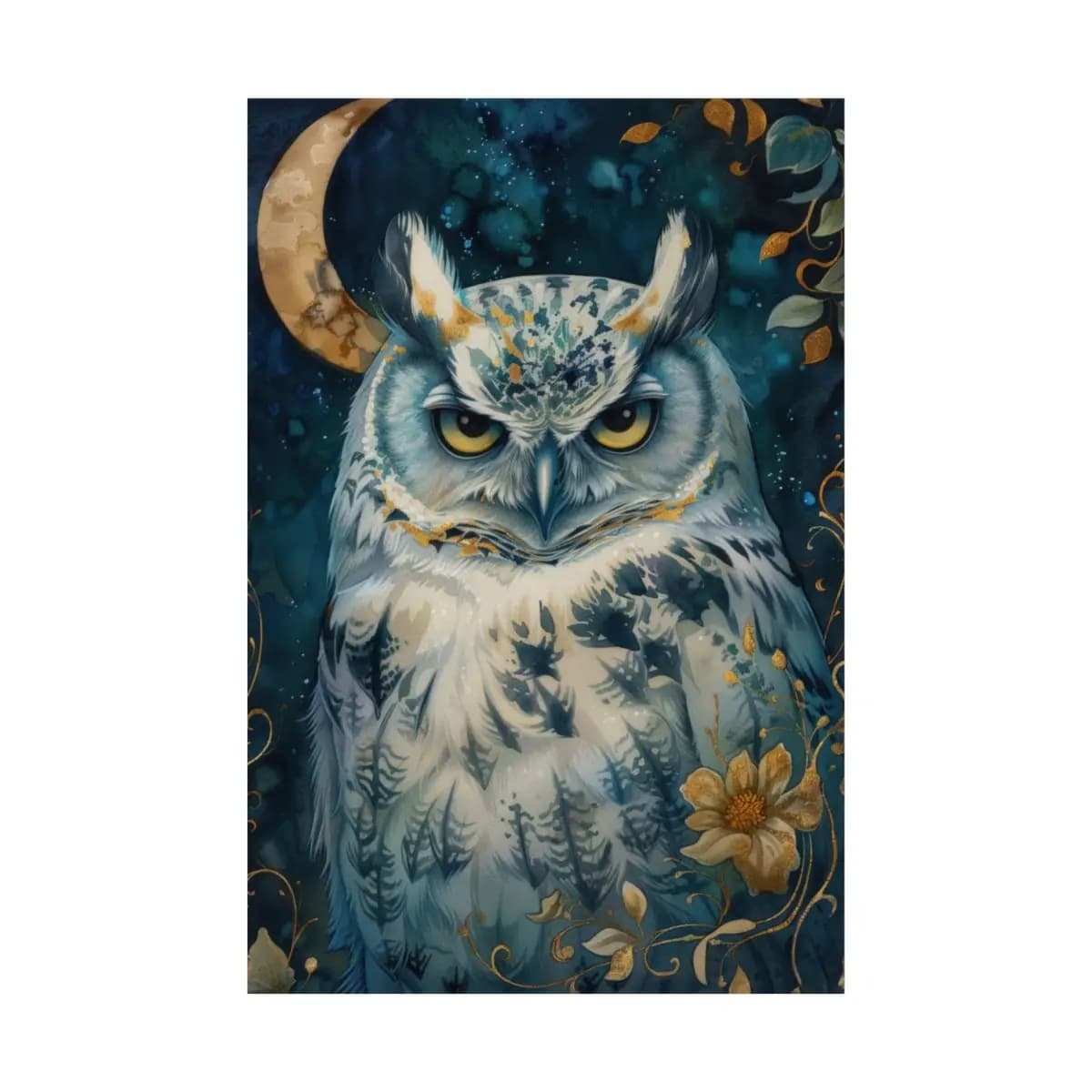 Mystic Owl Beneath the Golden Crescent Moon - Matte Vertical Posters mockup angle 2