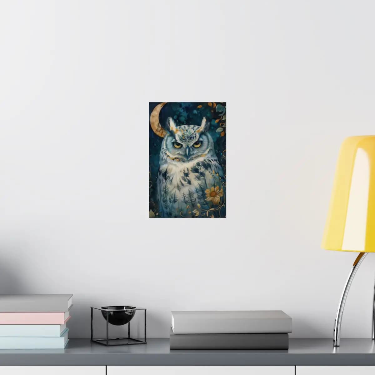 Mystic Owl Beneath the Golden Crescent Moon - Matte Vertical Posters mockup angle 8