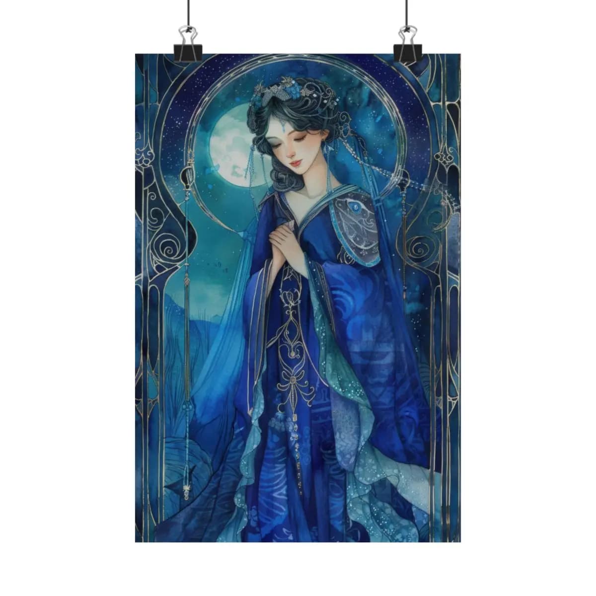 Moon Goddess in a Blue Night Hanfu - Matte Vertical Posters mockup angle 1
