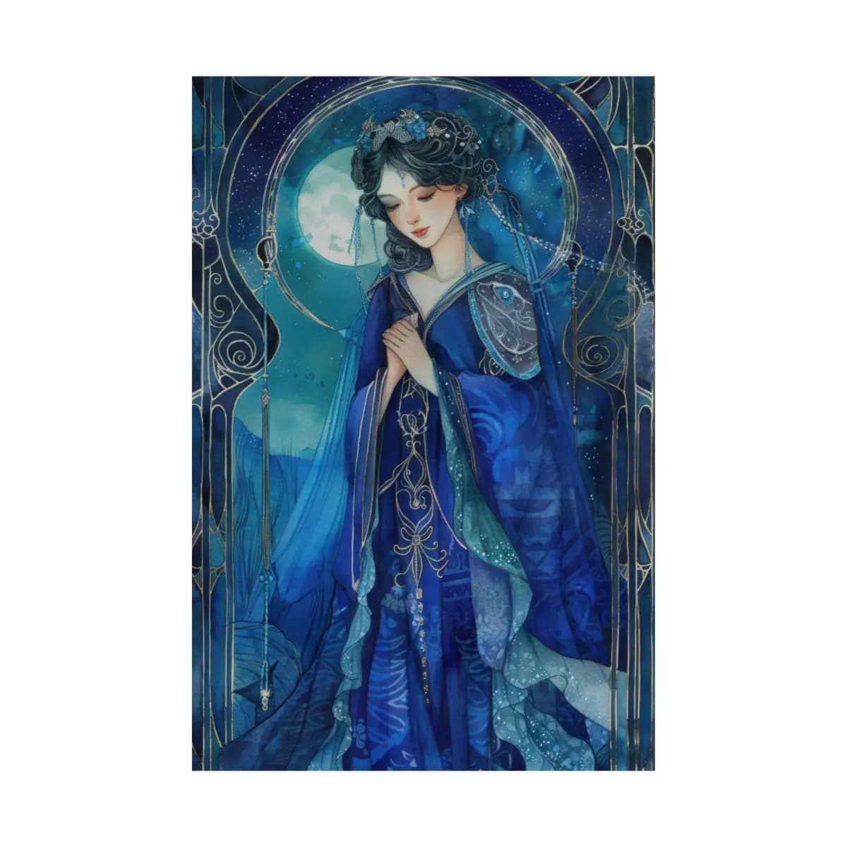 Moon Goddess in a Blue Night Hanfu - Matte Vertical Posters mockup angle 2