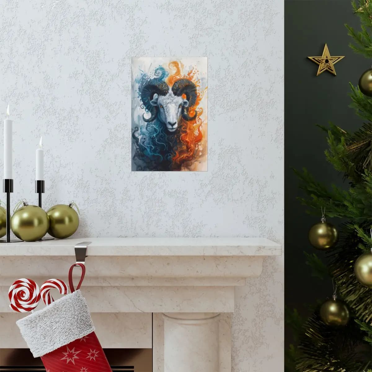 Mystical Ram Between Flame and Storm - Matte Vertical Posters mockup angle 7