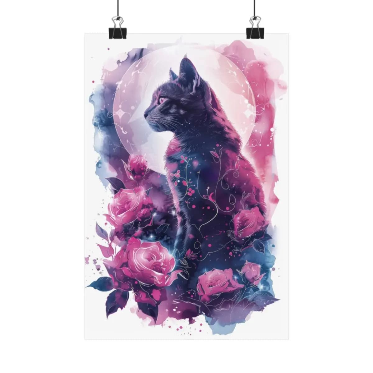 Mystic Cat Among Roses Beneath the Moon - Matte Vertical Posters mockup angle 1