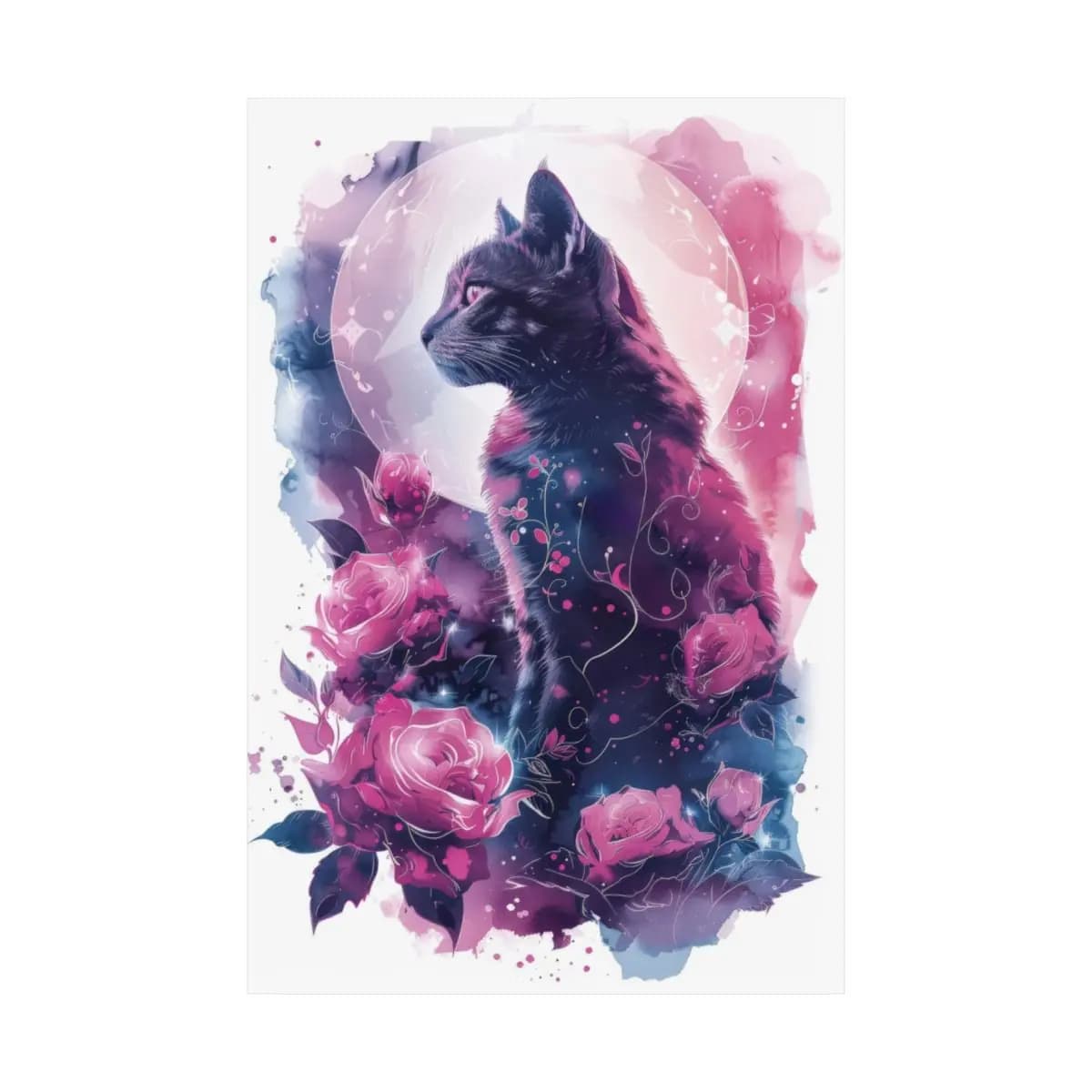 Mystic Cat Among Roses Beneath the Moon - Matte Vertical Posters mockup angle 2