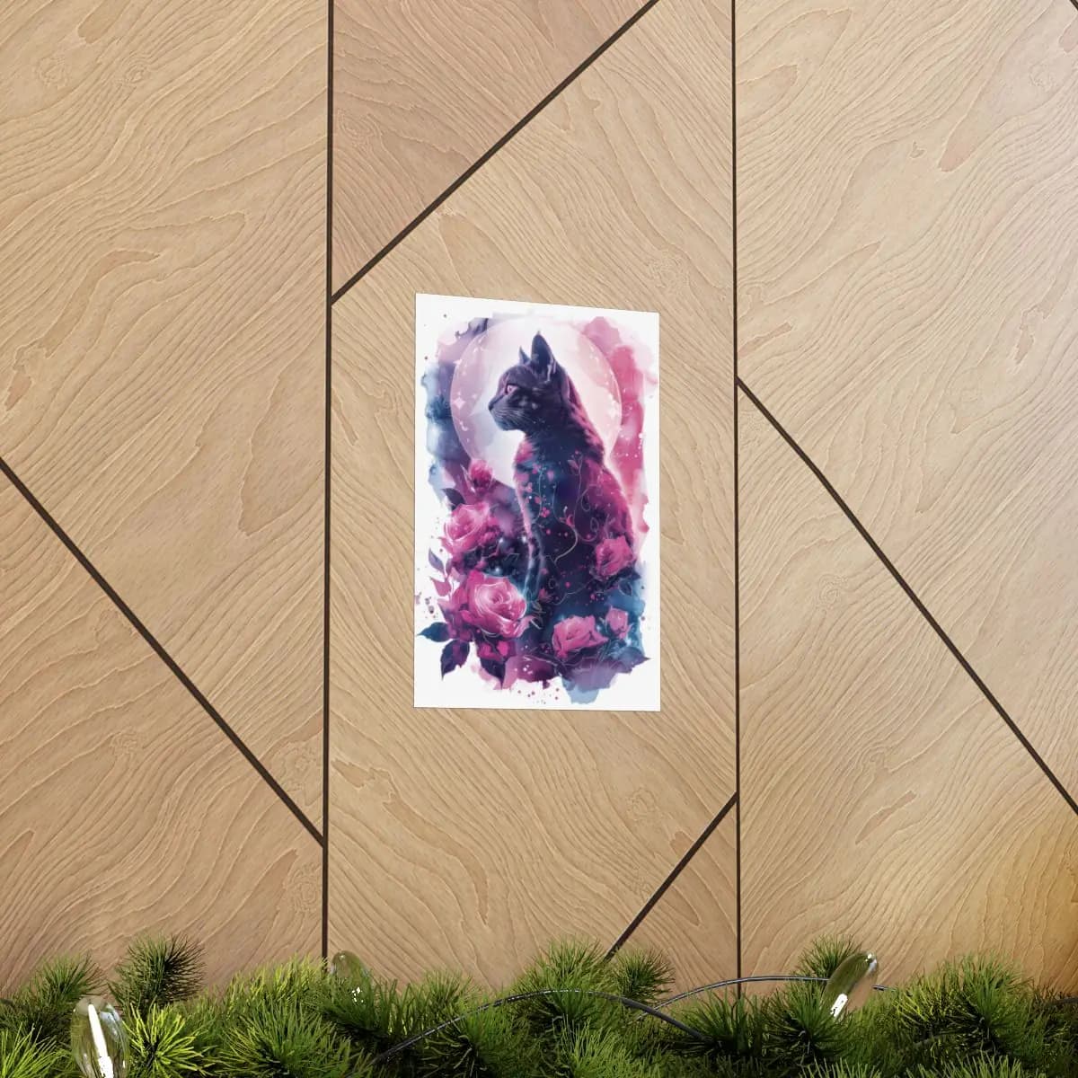 Mystic Cat Among Roses Beneath the Moon - Matte Vertical Posters mockup angle 5