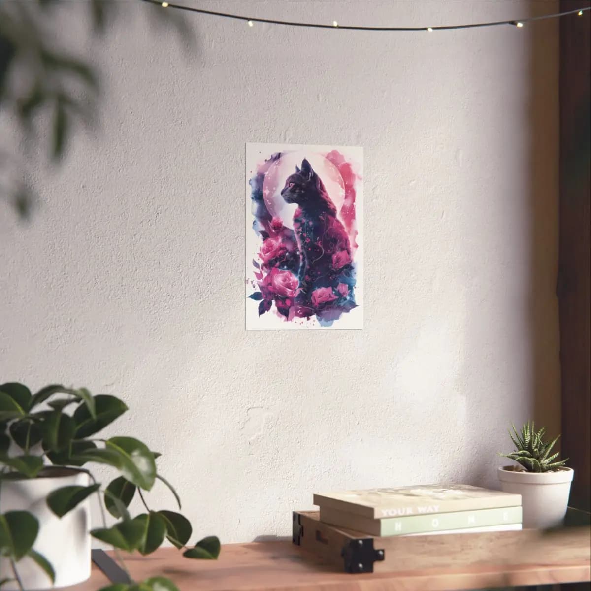Mystic Cat Among Roses Beneath the Moon - Matte Vertical Posters mockup angle 6