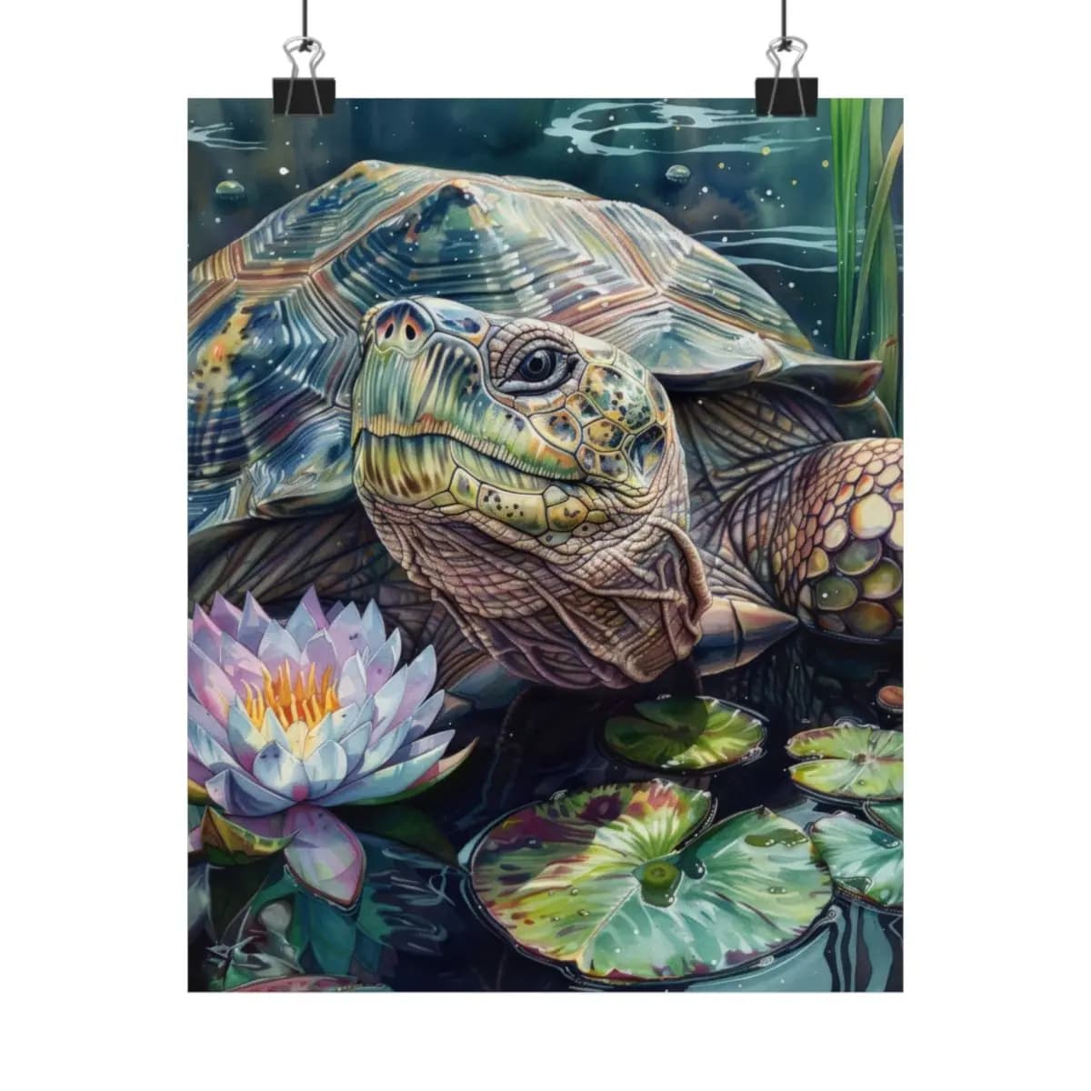 Majestic Pond Turtle Among Water Lilies - Matte Vertical Posters mockup angle 1