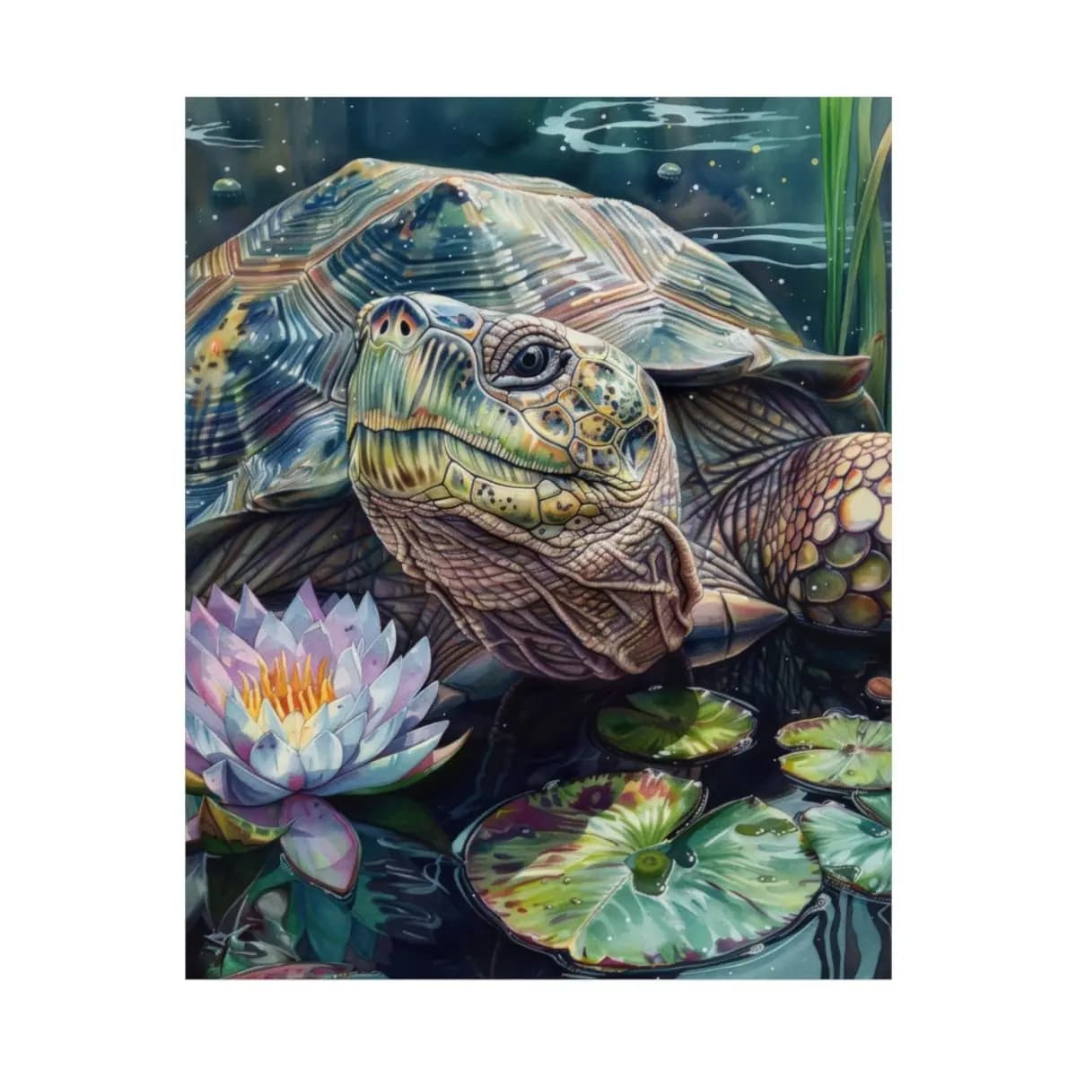 Majestic Pond Turtle Among Water Lilies - Matte Vertical Posters mockup angle 2
