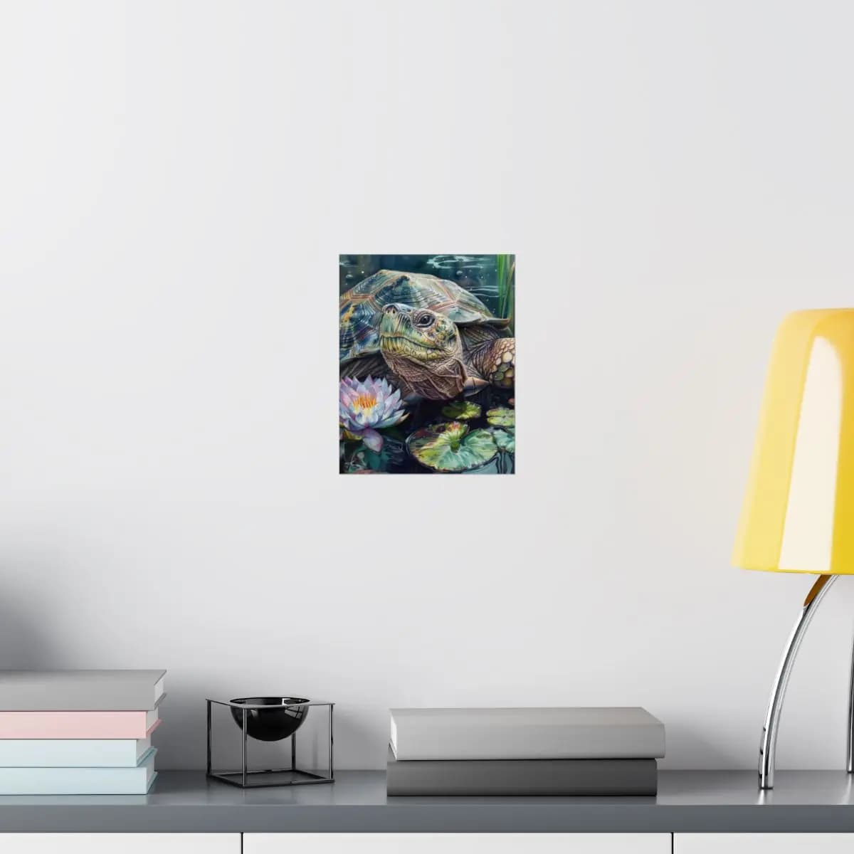 Majestic Pond Turtle Among Water Lilies - Matte Vertical Posters mockup angle 8