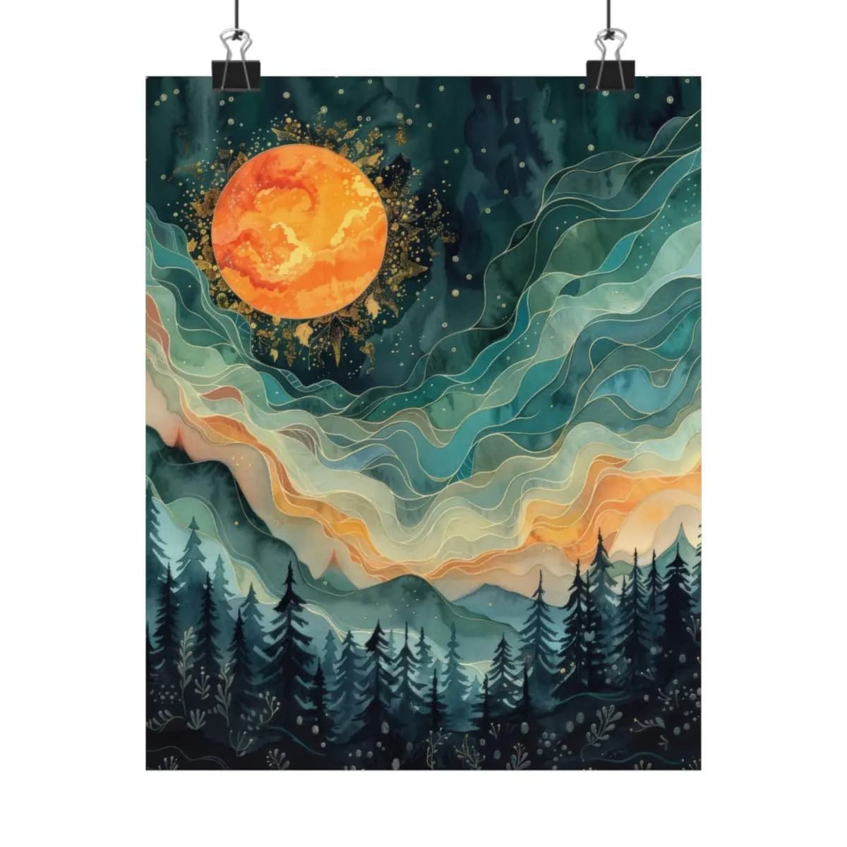 Fire Moon Rising Over Mystic Forest - Matte Vertical Posters mockup angle 1