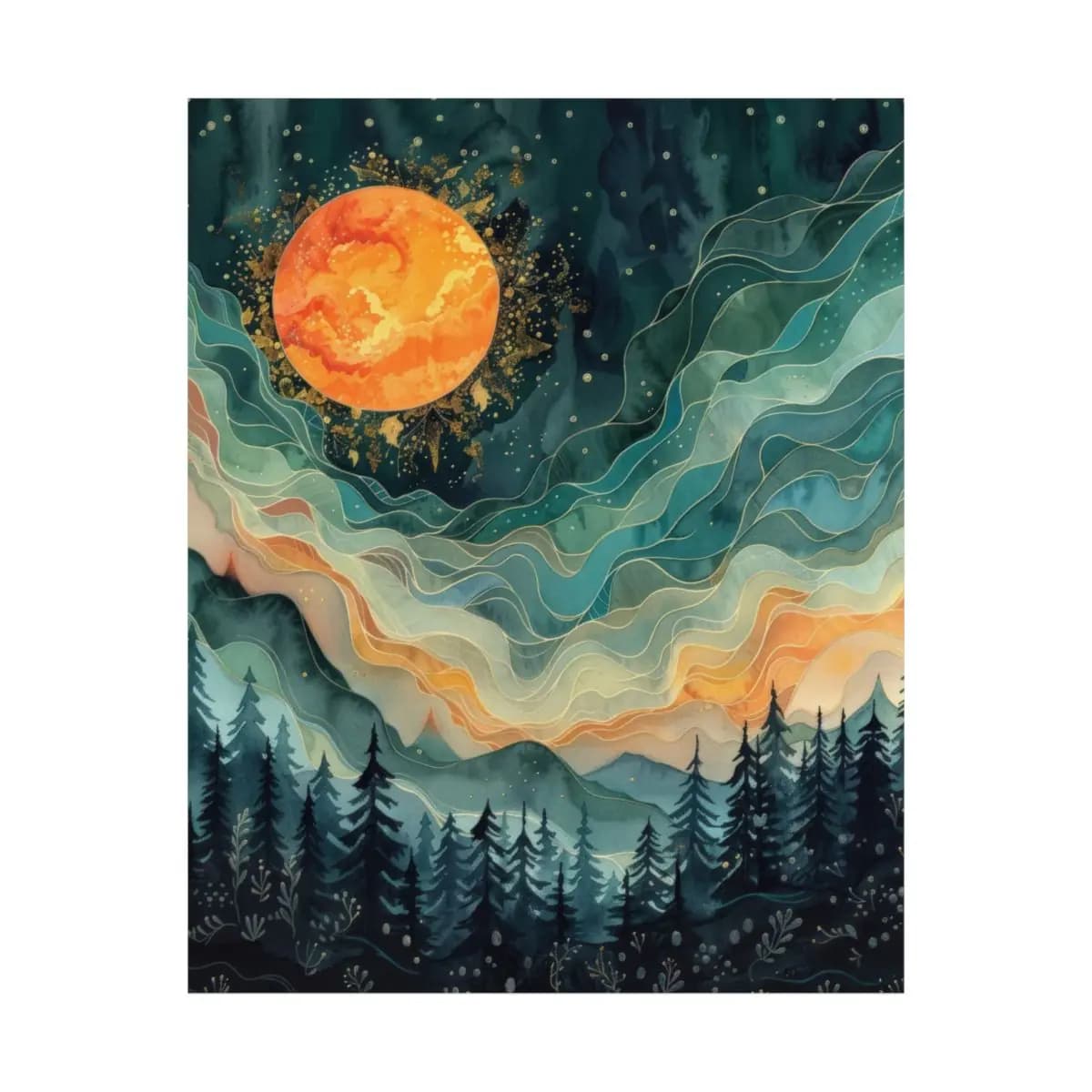 Fire Moon Rising Over Mystic Forest - Matte Vertical Posters mockup angle 2