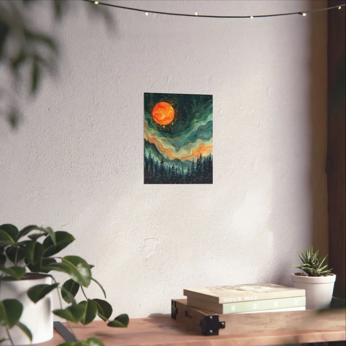 Fire Moon Rising Over Mystic Forest - Matte Vertical Posters mockup angle 6