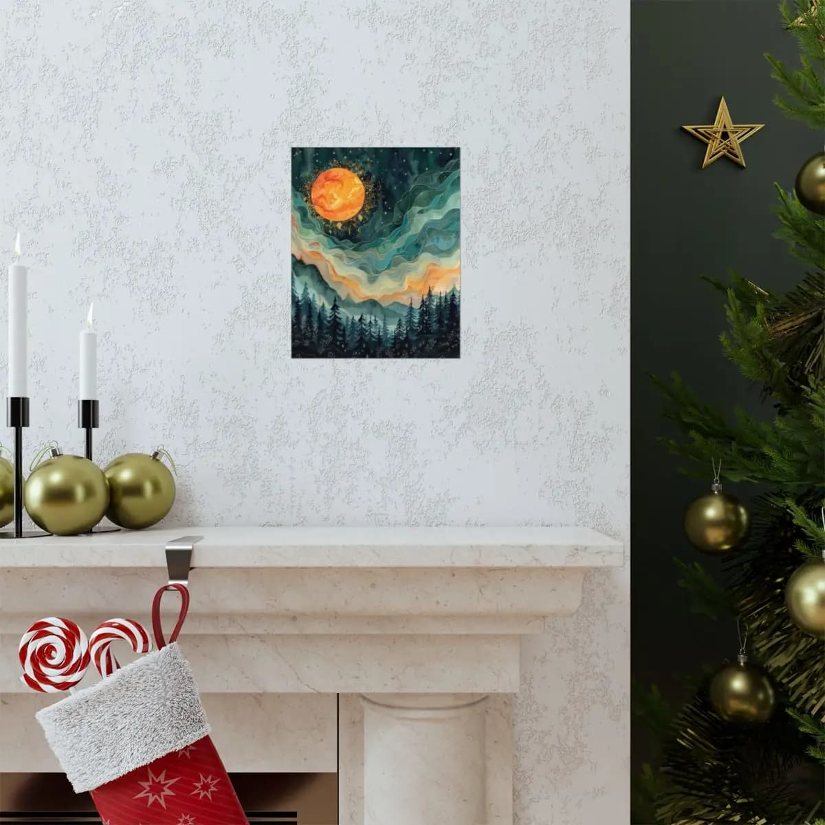 Fire Moon Rising Over Mystic Forest - Matte Vertical Posters mockup angle 7