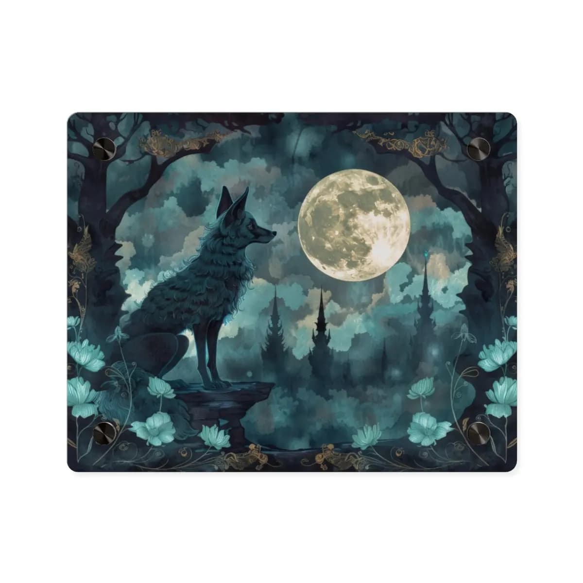 The Fox and the Moon Over the Dark Castle - Acrylic Wall Art Panels mockup angle 1