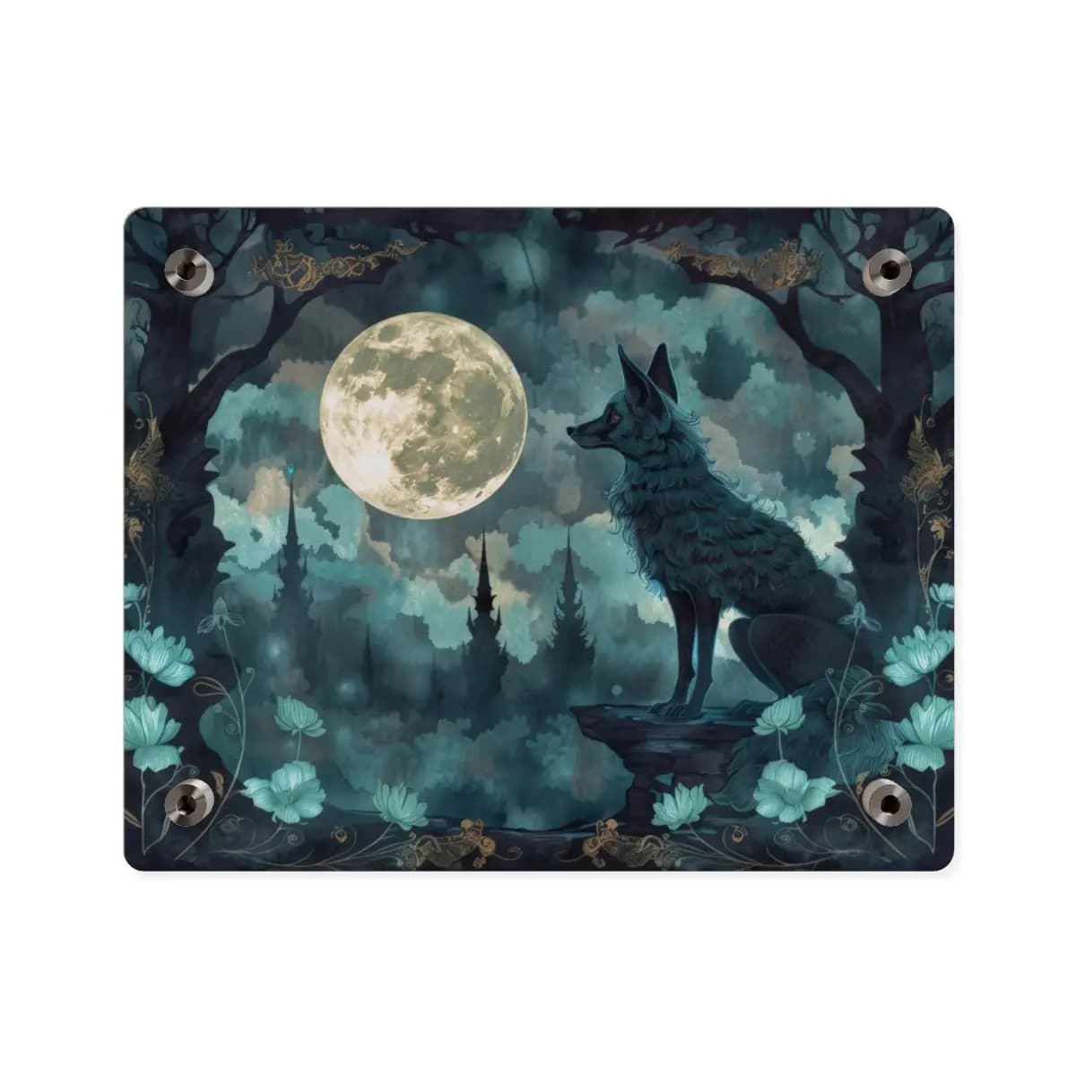 The Fox and the Moon Over the Dark Castle - Acrylic Wall Art Panels mockup angle 2