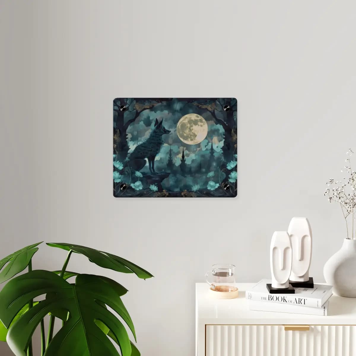 The Fox and the Moon Over the Dark Castle - Acrylic Wall Art Panels mockup angle 3