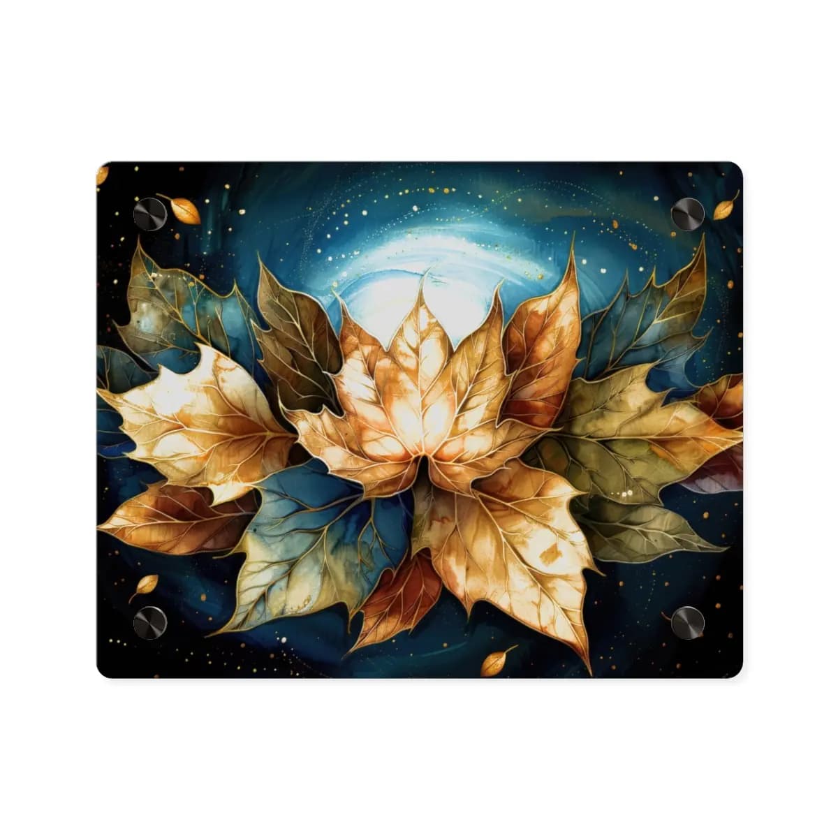 Golden Autumn Leaves in a Celestial Swirl - Acrylic Wall Art Panels mockup angle 1
