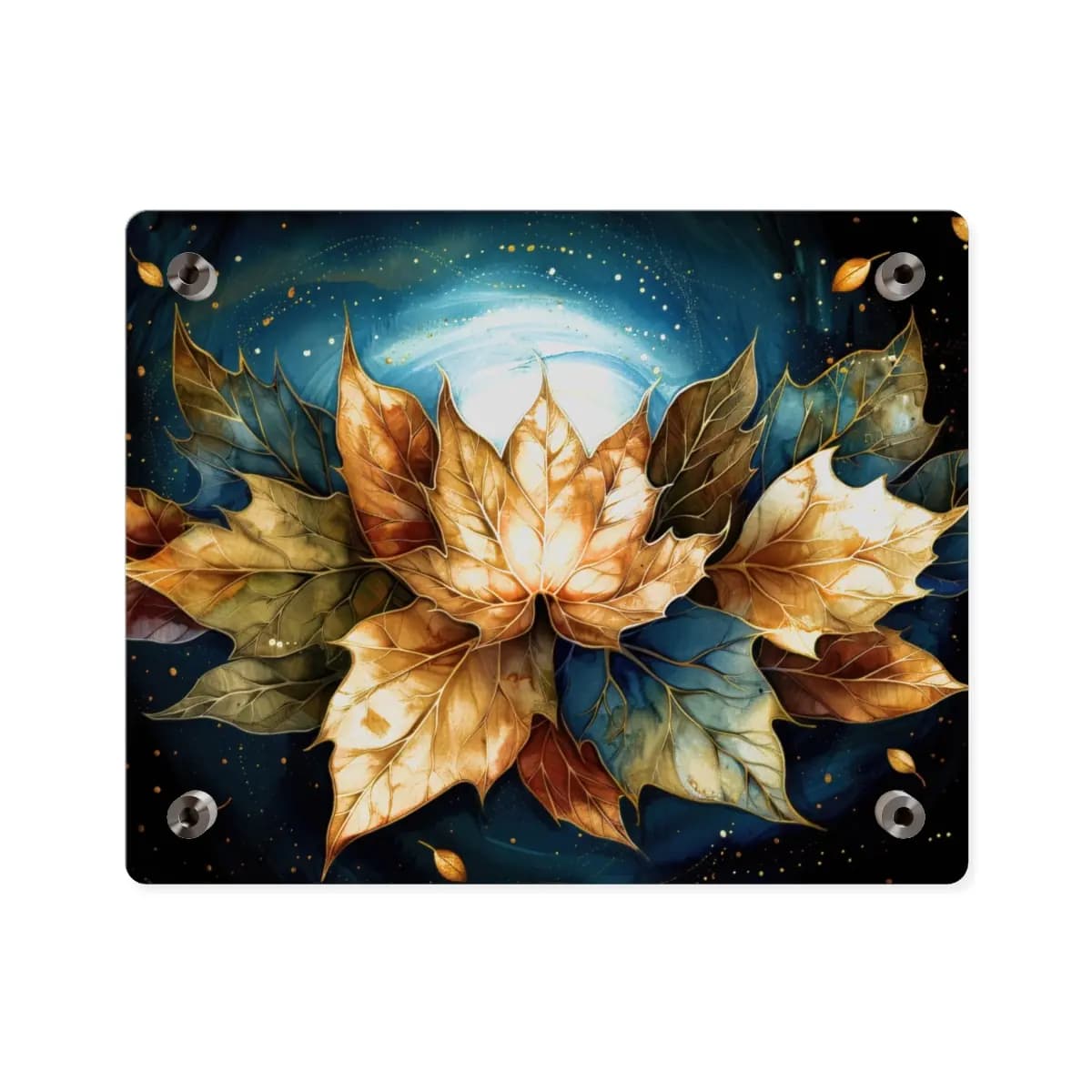 Golden Autumn Leaves in a Celestial Swirl - Acrylic Wall Art Panels mockup angle 2