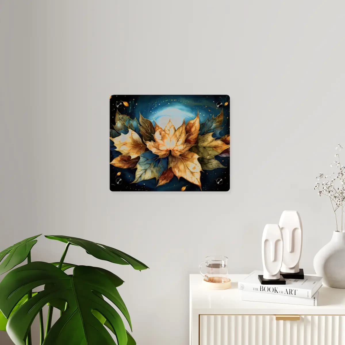 Golden Autumn Leaves in a Celestial Swirl - Acrylic Wall Art Panels mockup angle 3