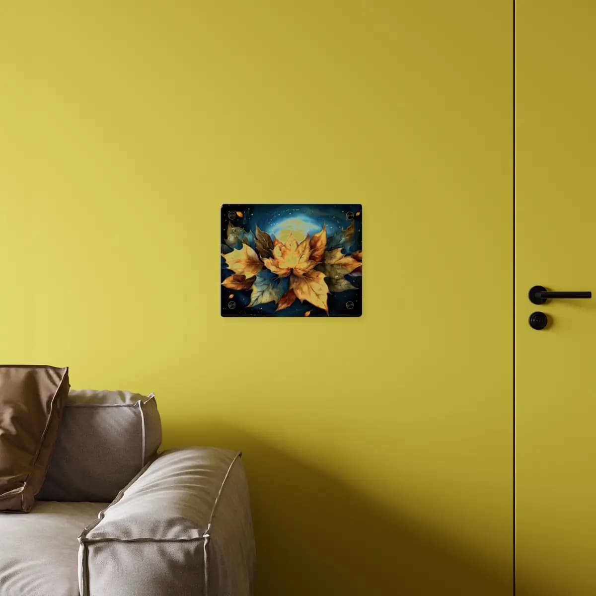 Golden Autumn Leaves in a Celestial Swirl - Acrylic Wall Art Panels mockup angle 4