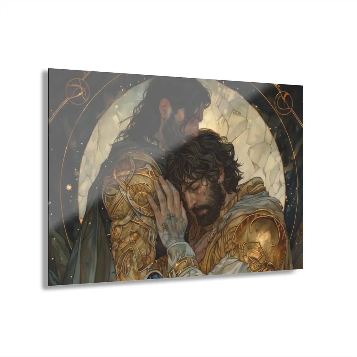 Two Golden-Armored Warriors in a Sacred Embrace - Acrylic Prints (French Cleat Hanging) mockup angle 1