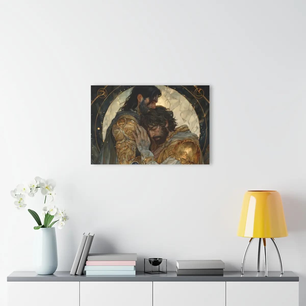 Two Golden-Armored Warriors in a Sacred Embrace - Acrylic Prints (French Cleat Hanging) mockup angle 4