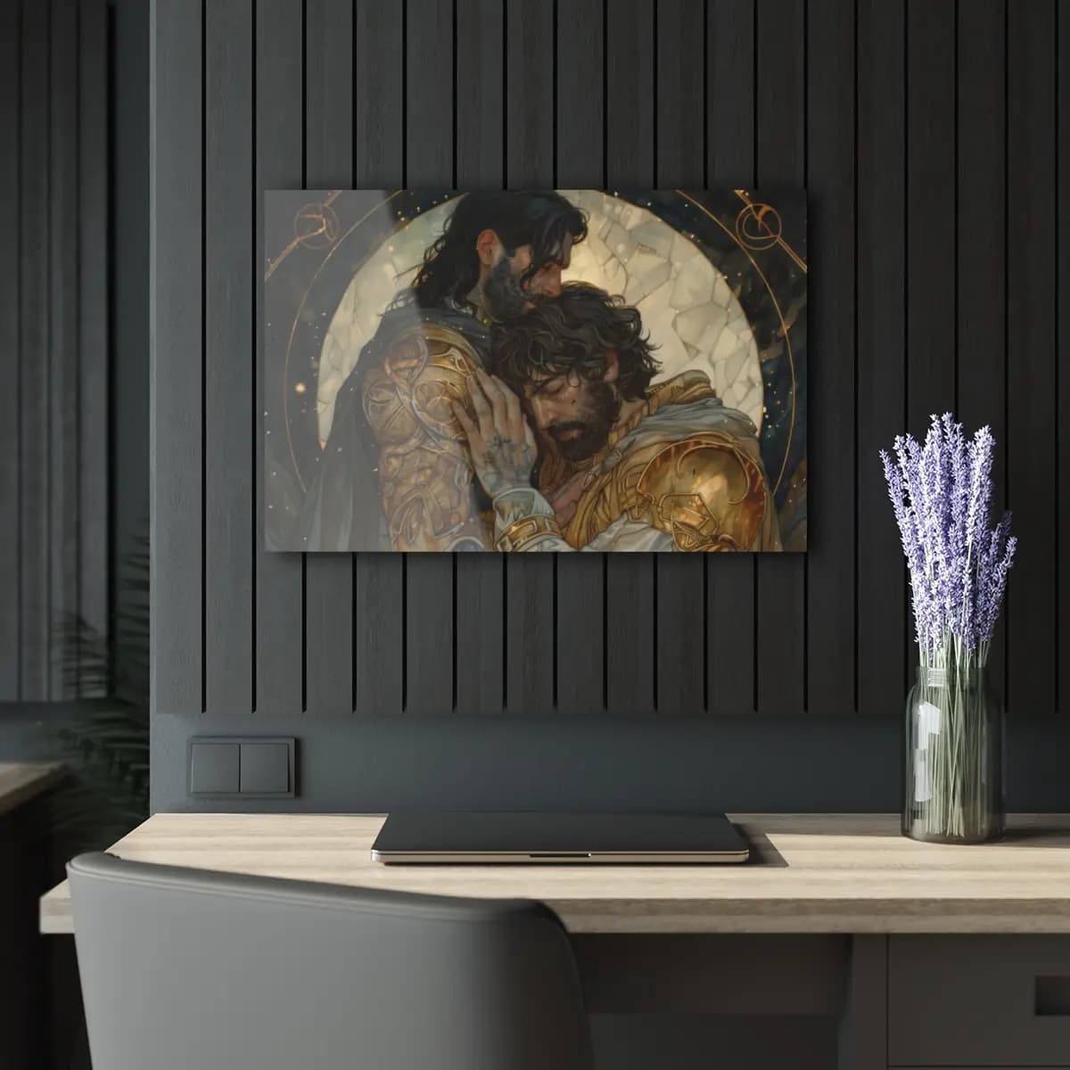 Two Golden-Armored Warriors in a Sacred Embrace - Acrylic Prints (French Cleat Hanging) mockup angle 5