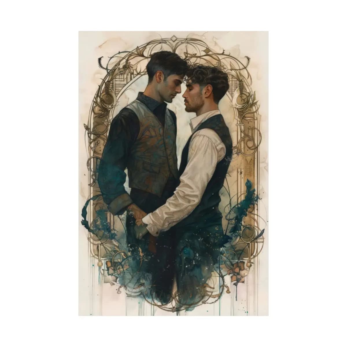 Two Men Face to Face in an Ornamental Frame - Matte Vertical Posters mockup angle 2