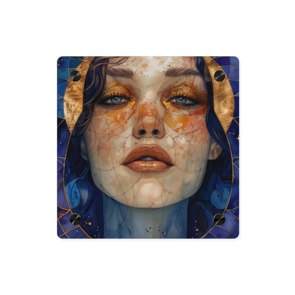 Celestial Blue Gaze Watercolor Portrait - Acrylic Wall Art Panels mockup angle 1