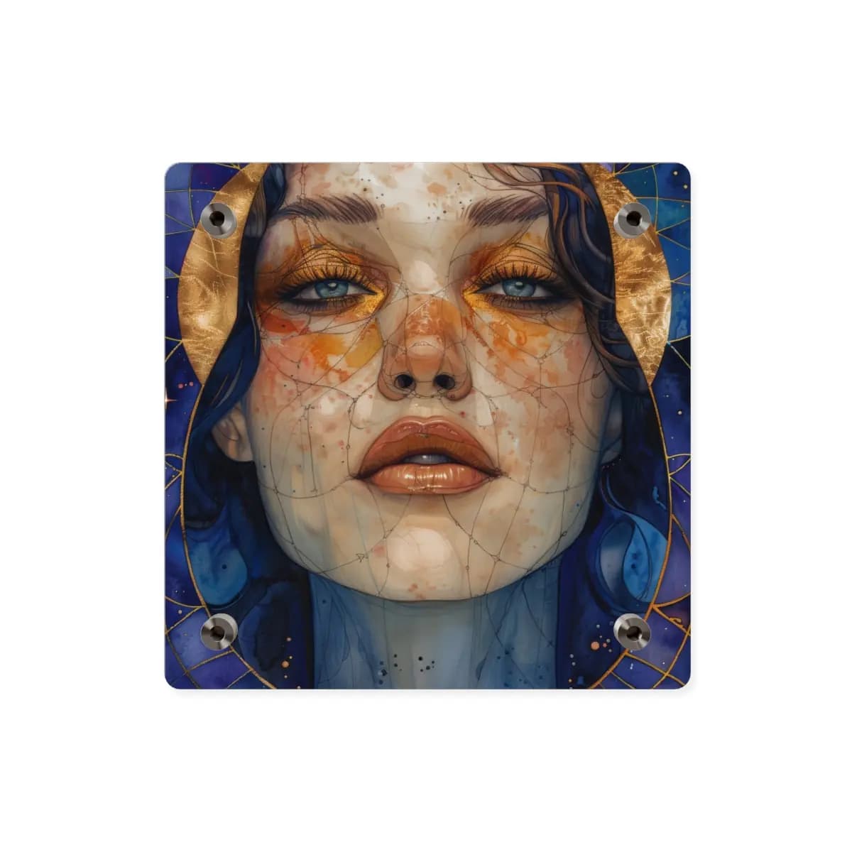 Celestial Blue Gaze Watercolor Portrait - Acrylic Wall Art Panels mockup angle 2
